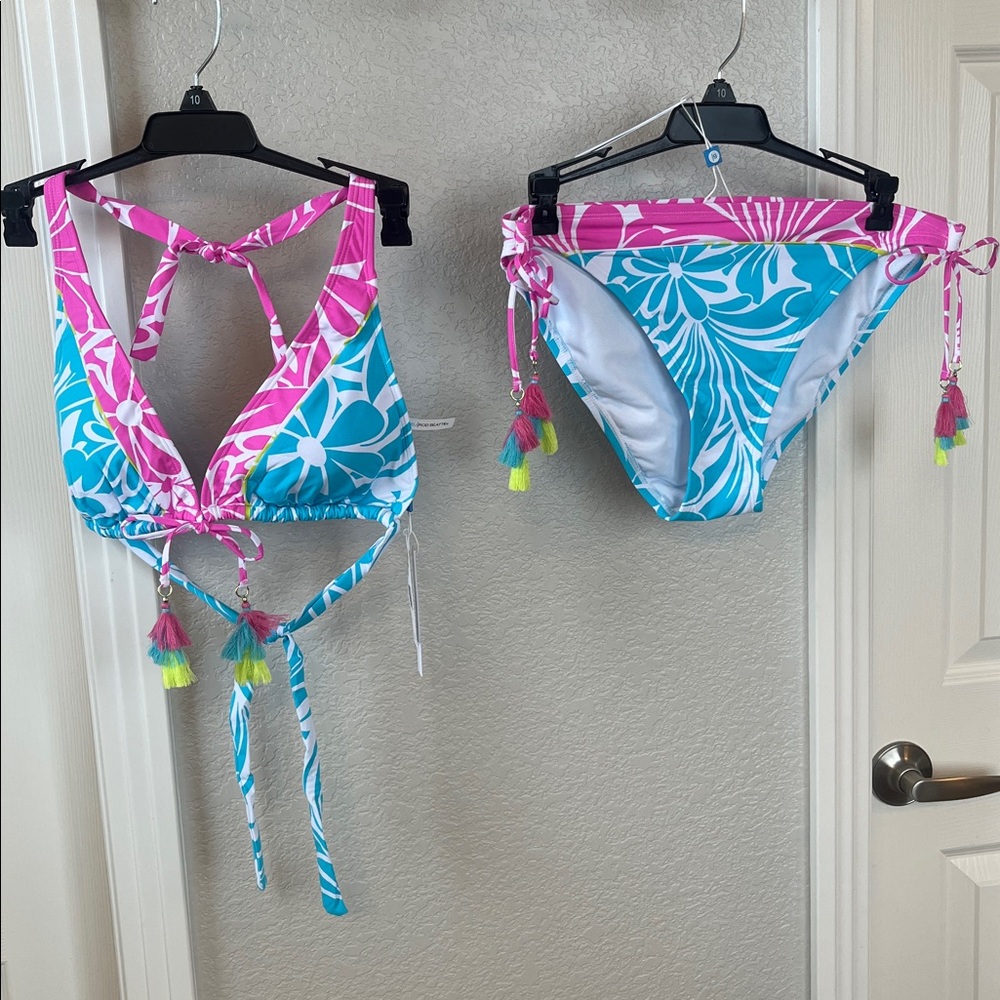 NWT Bleu Rod Beattie Pink Teal and Lime vibrant Poms 2 pc bikini set size 10 - Picture 3 of 13